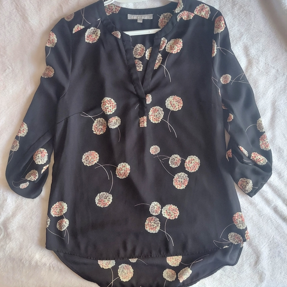 Daniel Rainn Pink and Black Tie Front 3/4 Sleeve Blouse